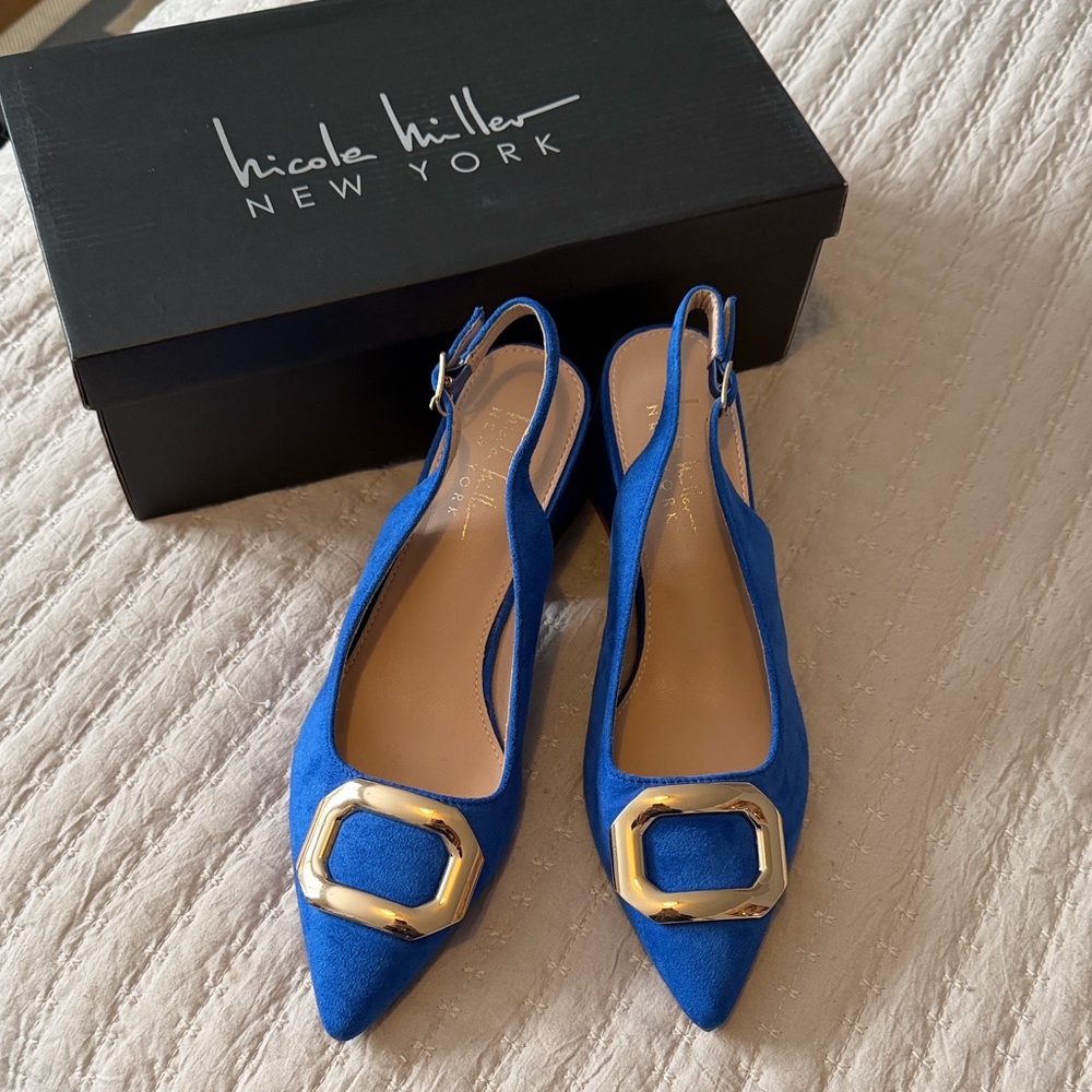 Nicole Miller NY Royal Blue Slingback Heels w/ Gold Buckle NWT Sz 8 Fabulous ❤️